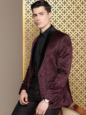 House of Pataudi Self Design Single Breasted Party Men Blazer(Brown)