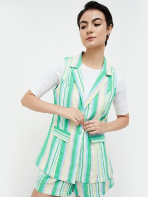 Ginger by Lifestyle Striped Double Breasted Casual Women Blazer(Green)