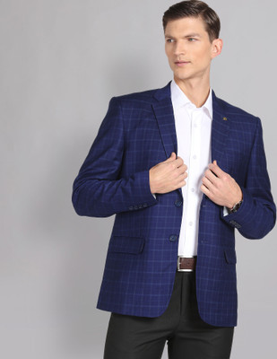 AD by Arvind Checkered Single Breasted Formal Men Blazer(Blue)