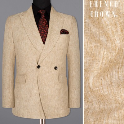 french crown Solid Double Breasted Formal Men Blazer(Beige)