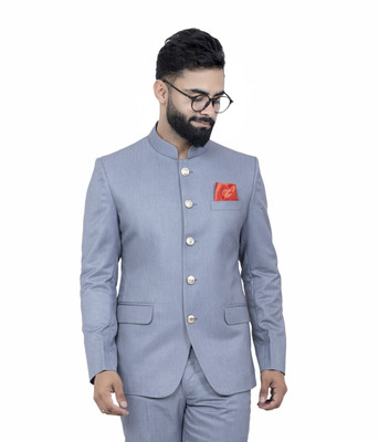 ALJAAMI Solid Bandhgala Wedding Men Blazer(Silver)