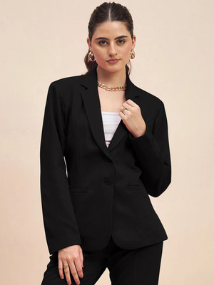 BRINNS Solid Single Breasted Formal Women Blazer(Black)