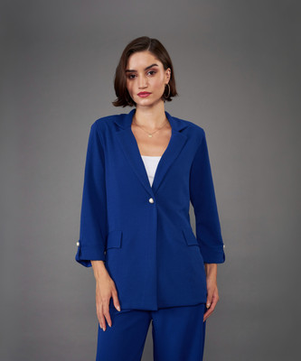 SASSAFRAS Solid Single Breasted Formal Women Blazer(Blue)