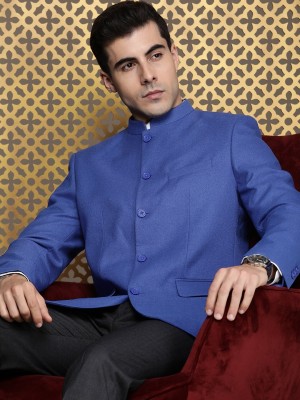 House of Pataudi Solid Bandhgala Festive Men Blazer(Blue)