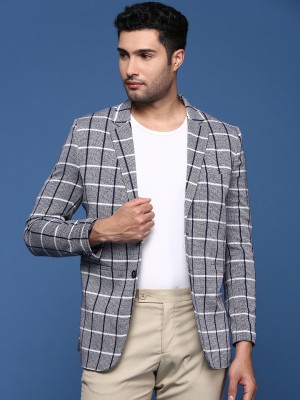 Showoff Checkered Single Breasted Formal Men Blazer(Dark Blue)