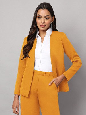 BRINNS Solid Single Breasted Formal Women Blazer(Yellow)
