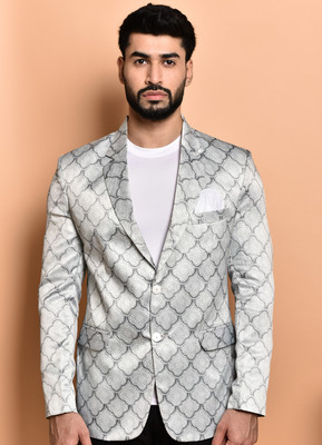 PRINT CULTR Printed Single Breasted Casual Men Blazer(Silver)