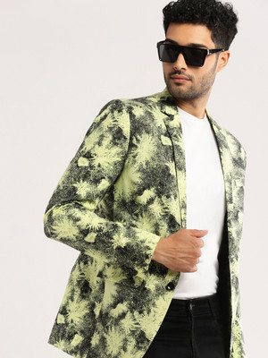 SHOWOFFFF Printed Single Breasted Party Men Blazer(Yellow)