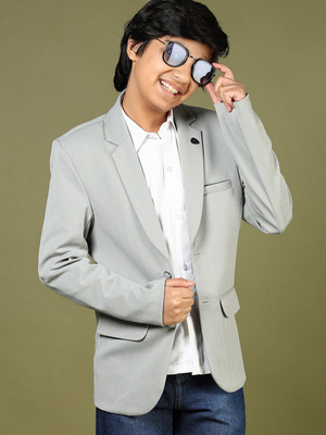 V-MART Solid Single Breasted Casual Boys Blazer(Grey)