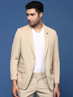 SHOWOFFFF Solid Single Breasted Casual Men Blazer(Beige)