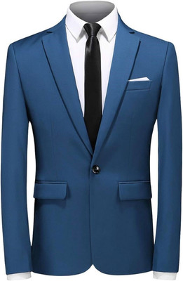 FIVEFEB Solid Single Breasted Formal Men Blazer(Blue)