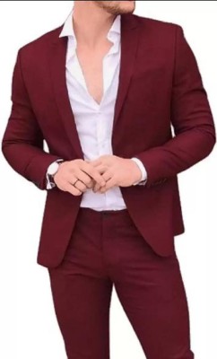 HUMJOLI MENS WEAR Solid Single Breasted Casual Men Blazer(Maroon)