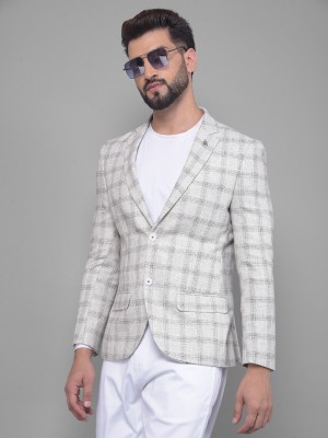 CRIMSOUNE CLUB Checkered Single Breasted Casual Men Blazer(White)