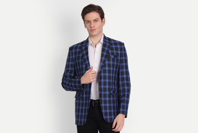 FIVEFEB Checkered Single Breasted Formal Men Blazer(Blue)