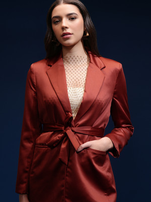 Tokyo Talkies Solid Double Breasted Casual Women Blazer(Brown)