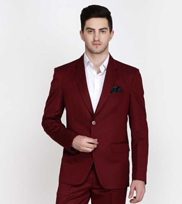 HIGHEK Solid Single Breasted Party Men Blazer(Maroon)