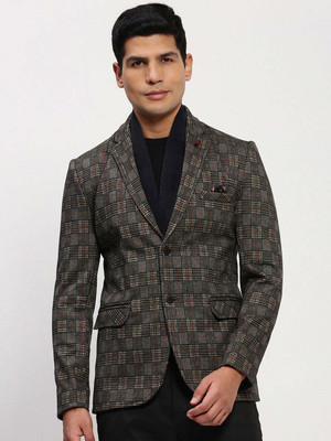 SHOWOFFFF Checkered Single Breasted Casual Men Blazer(Grey)