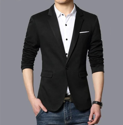 Men Style Solid Single Breasted Formal Men Blazer(Black)