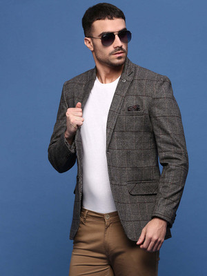 SHOWOFFFF Checkered Single Breasted Casual Men Blazer(Brown)