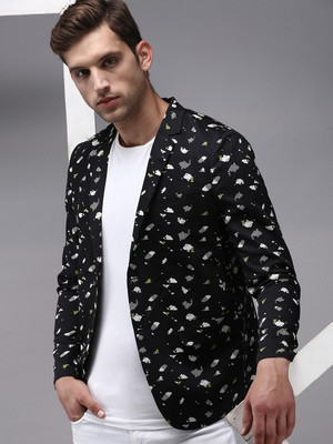 SHOWOFFFF Printed Single Breasted Party Men Blazer(Black)