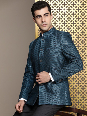 House of Pataudi Self Design Bandhgala Festive Men Blazer(Green)