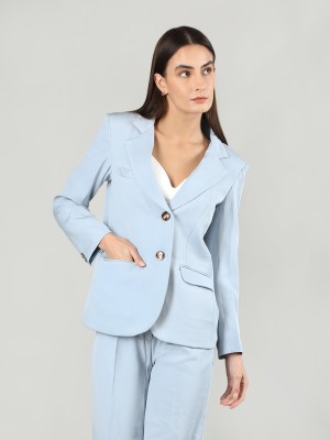 CHKOKKO Solid Single Breasted Casual Women Blazer(Blue)