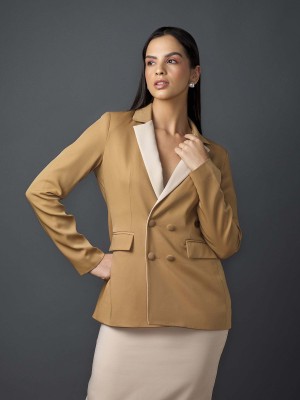 SALT ATTIRE Solid Double Breasted Formal Women Blazer(Beige)