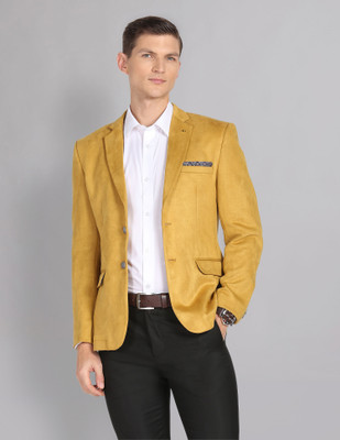 AD by Arvind Solid Single Breasted Formal Men Blazer(Yellow)