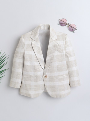 Ministich Checkered Single Breasted Casual Boys Blazer(White)