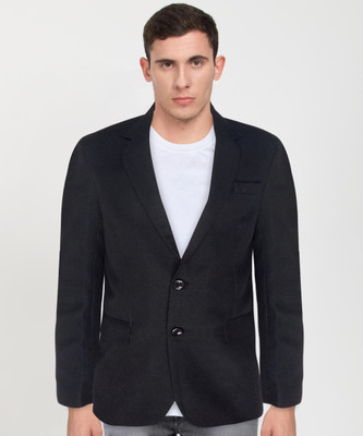 TUPLES Solid Single Breasted Formal Men Blazer(Black)