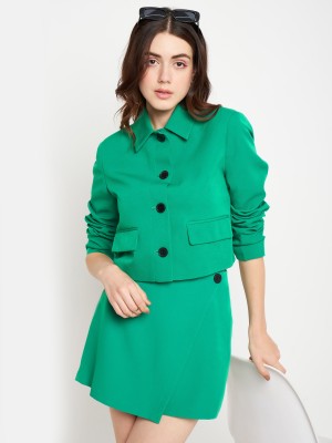 MADAME Solid Double Breasted Casual Women Blazer(Green)