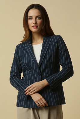 Allen Solly Striped Single Breasted Formal Women Blazer(Dark Blue)