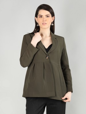 CHKOKKO Solid Single Breasted Formal Women Blazer(Dark Green)