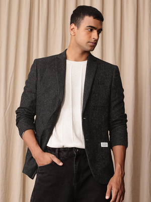 Mr Bowerbird Self Design Single Breasted Formal Men Blazer(Black)