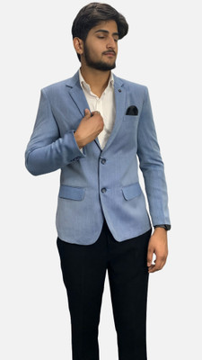 gargian master cut Checkered Single Breasted Formal Men Blazer(Light Blue)