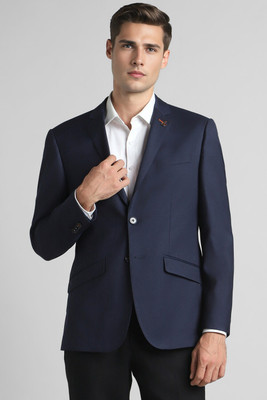 Simon Carter Solid Single Breasted Formal Men Blazer(Dark Blue)