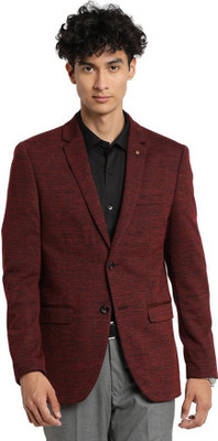 TURTLE Solid Single Breasted Party Men Blazer(Maroon)