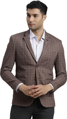 TURTLE Checkered Single Breasted Casual Men Blazer(Brown)