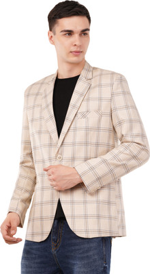 Pathos Style Checkered Single Breasted Casual Men Blazer(Beige)