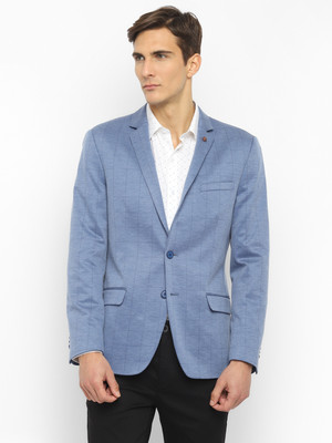TURTLE Checkered Single Breasted Casual Men Blazer(Light Blue)