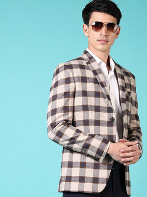 V-MART Checkered Single Breasted Formal Men Blazer(Brown)