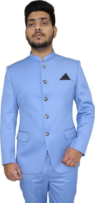 ALJAAMI Solid Bandhgala Wedding Men Blazer(Light Blue)