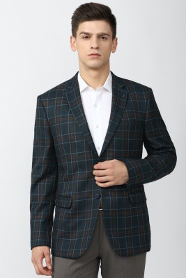 VAN HEUSEN Checkered Single Breasted Formal Men Blazer(Dark Blue)