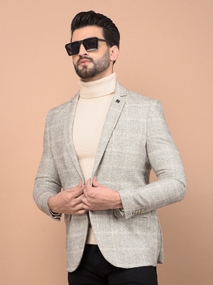 CRIMSOUNE CLUB Checkered Single Breasted Casual Men Blazer(Beige)