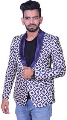 Ninecolours Printed Single Breasted Festive & Wedding Men Blazer(Blue, White)