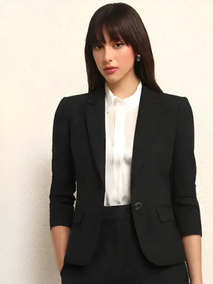 CADMON Solid Single Breasted Formal Women Blazer(Black)