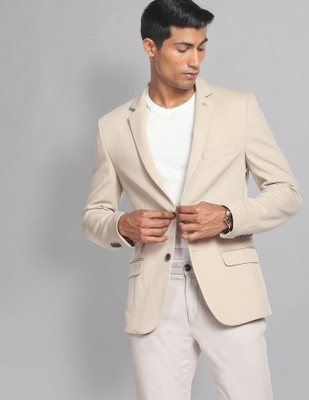 AD by Arvind Solid Single Breasted Formal Men Blazer(Beige)