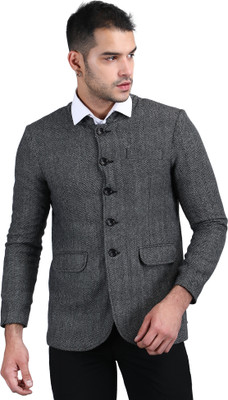 AOL Herringbone Single Breasted Casual Men Blazer(Black)
