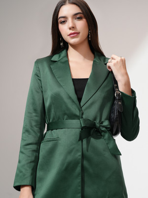 Tokyo Talkies Solid Double Breasted Casual Women Blazer(Green)