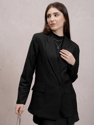 Tokyo Talkies Solid Double Breasted Casual Women Blazer(Black)
